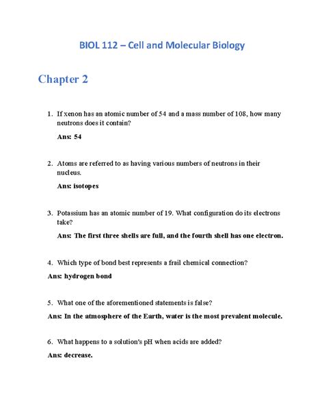 BIOL 112 Chapter 2 Assignment BIOL 112 Cell And Molecular Biology