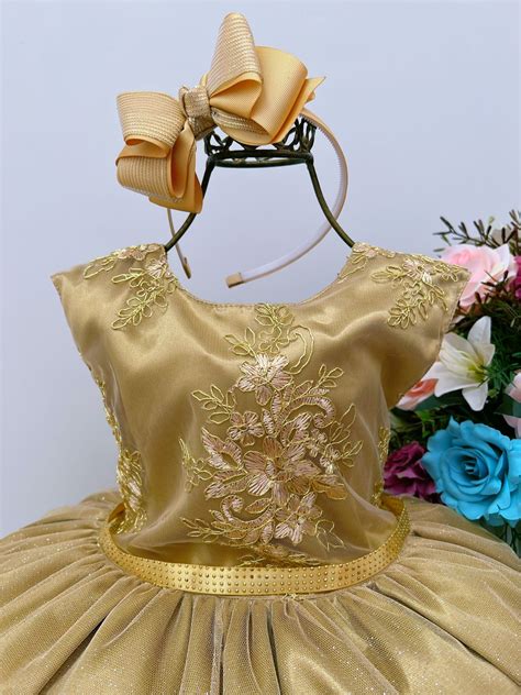 Vestido Infantil Dourado Renda Busto Cinto Strass Luxo Rosa