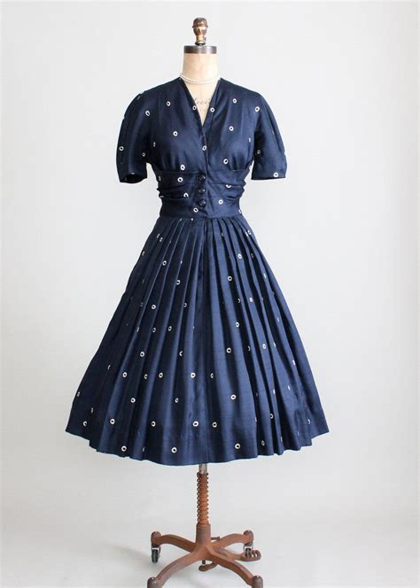 Vintage 1950s Navy Silk Dot Luncheon Dress Raleigh Vintage