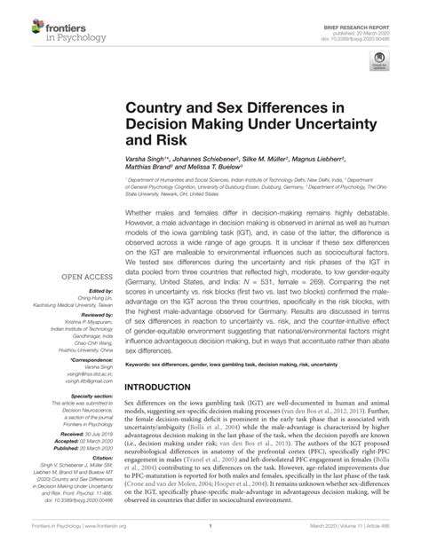 Pdf Country And Sex Differences In Decision Making Under Uncertainty