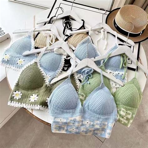 Colors New Crochet Top For Women Bikini Knitted Swimwear Top Beach Wear Outfit With Pad
