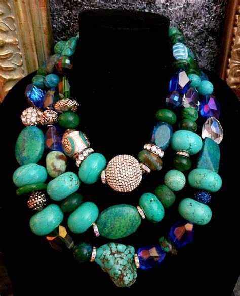 Blue Green Jeweltone Mixed Media Multi Strand Beaded Socialite Etsy