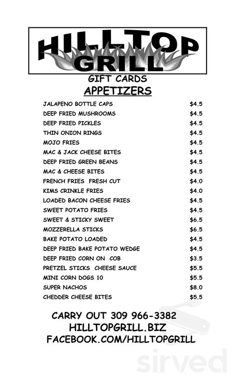 Menu for Hilltop Bar n Grill. in Creve Coeur, IL | Sirved