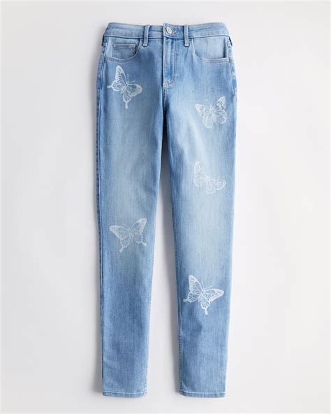 Hollister Curvy High Rise Medium Wash Butterfly Print Super Skinny