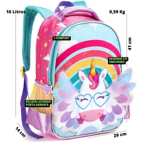 Mochila Infantil Unicórnio 3D Escolar Feminina de Costas Reforçada para