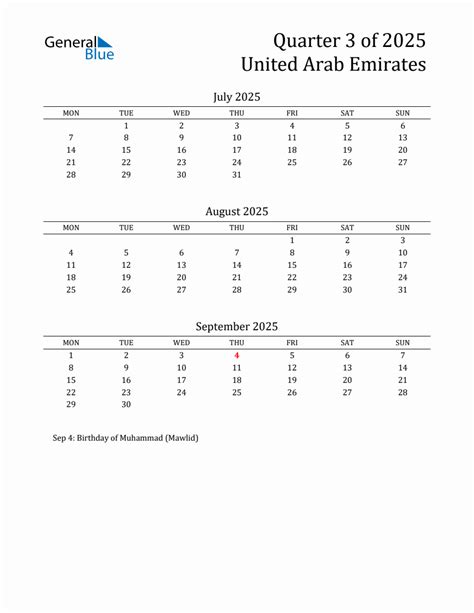 Quarter 3 2025 United Arab Emirates Quarterly Calendar