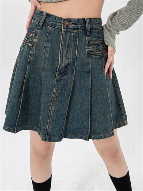 Emtrai Lers Blue Vintage Short Denim Pleated Skirts For Women