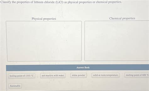 Solved Classify the properties of lithium chloride (LiCl) | Chegg.com