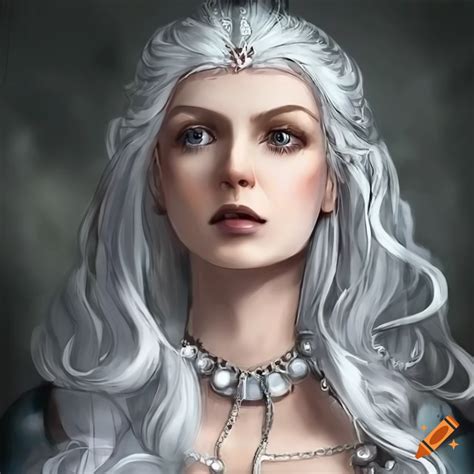 Portrait Of A Queen With Long White Hair And Silver Eyes