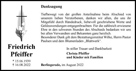 Traueranzeigen Von Friedrich Pfeiffer Trauer In Thueringen De