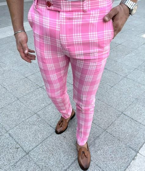 Men S Fashion Plaid Pants Pink Color Etsy