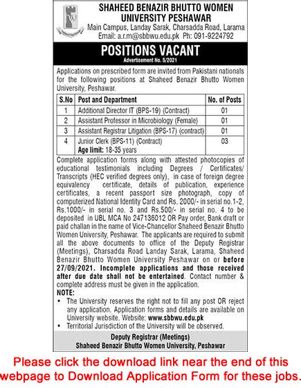 Shaheed Benazir Bhutto Women University Peshawar Jobs September