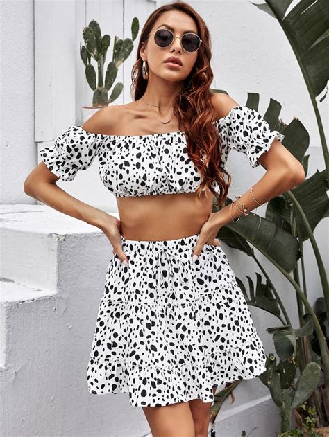 Dalmatian Off Shoulder Top And Drawstring Skirt Set Off Shoulder Tops