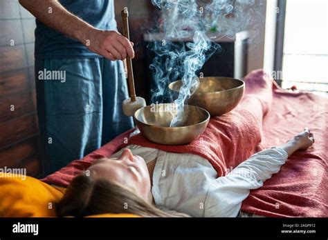 Tibetan Singing Bowl In Sound Therapy Stock Photo Alamy