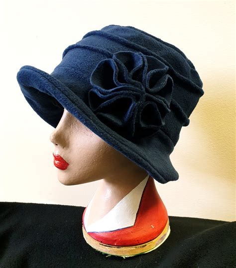 Cosy Navy Blue Fleece Hat Fully Fleece Lined Downton Abbey Hat Womens