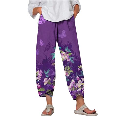 Vekdone Cotton Linen Capri Pants For Women Flower Graphic High Waisted