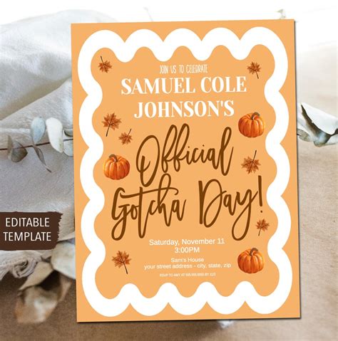 Fall Official Gotcha Day Editable Adoption Invite Template Printable