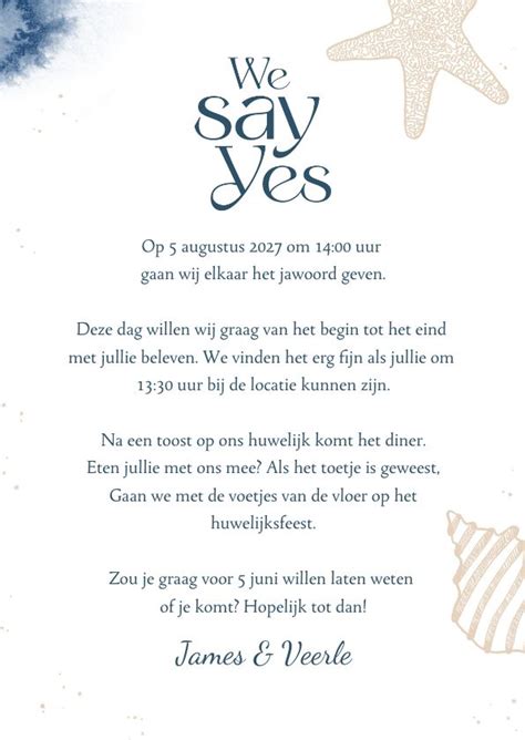 Trouwkaart We Say Yes Strand Zee Water Schelpen Verf Trouwkaart