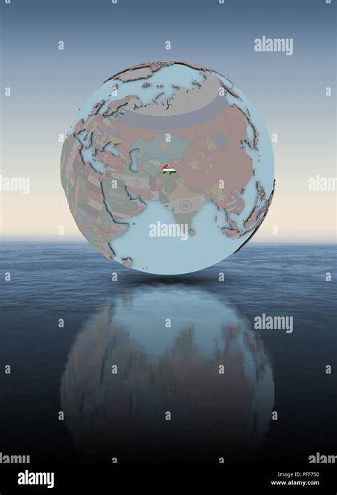 Tajikistan With National Flag On Globe Above Water Surface 3D