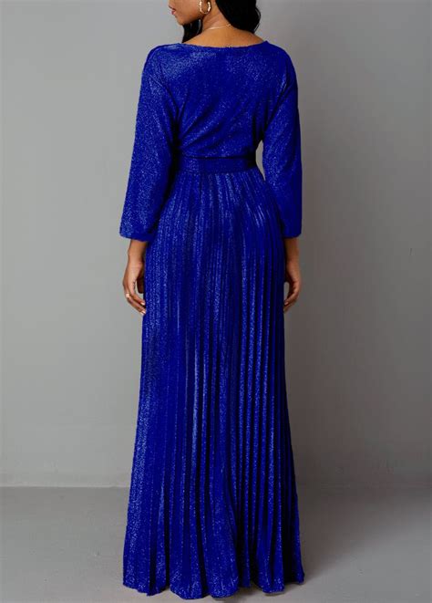 Three Quarter Sleeve Belted Royal Blue Pleated Dress