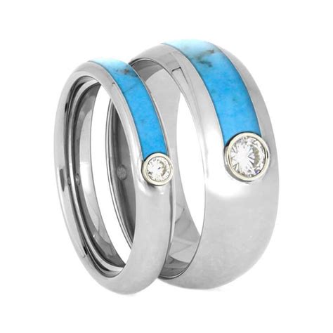 Turquoise Wedding Band Set With Moissanite In Titanium Jewelry By