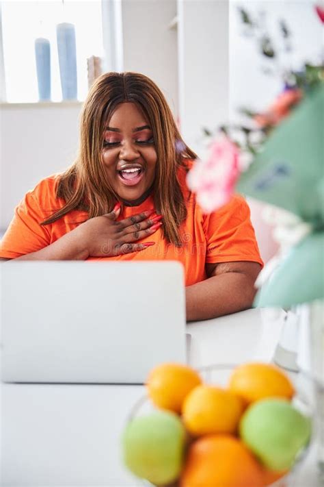 Smiley Brunette Lady Gesturing To The Laptop Web Camera Stock Image Image Of Gratitude Female