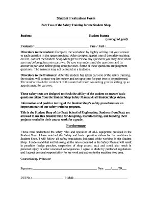 Fillable Online Studentshop Pratt Duke Student Evaluation Sheet Safety