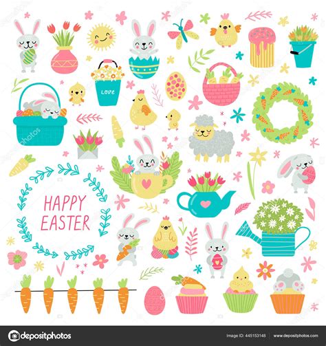 Set Cute Easter Cartoon Characters Design Elements Bunny Chickens Eggs