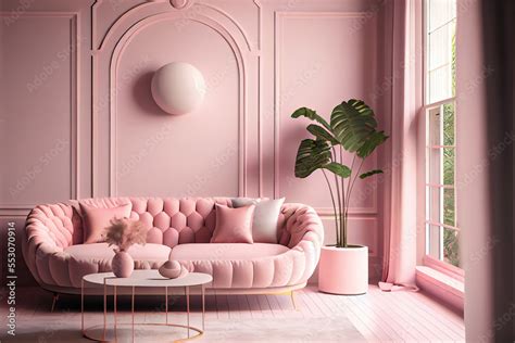 Luxury Pink Pastel Living Room Interior With Sofa Stock Illustration