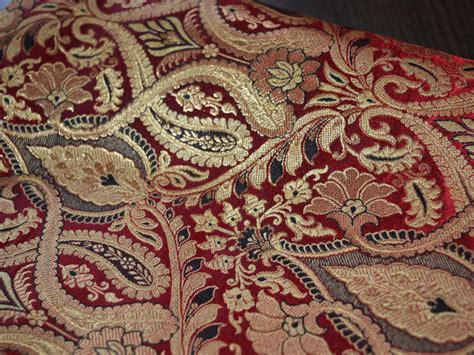 Silk Brocade Fabric Maroon And Gold Floral Pattern Weaving Indian