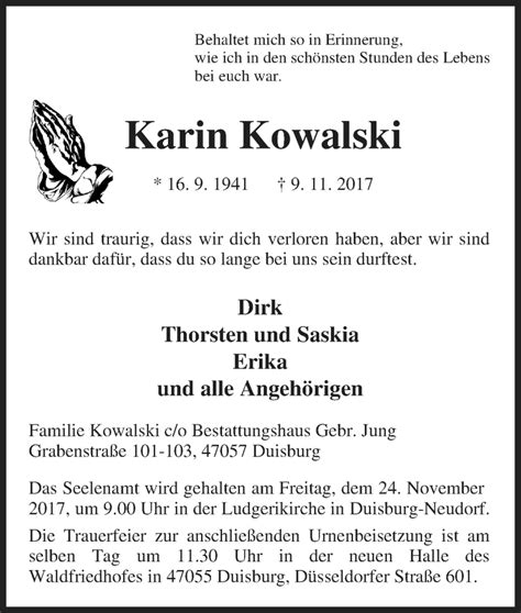 Traueranzeigen Von Karin Kowalski Trauer In Nrw De