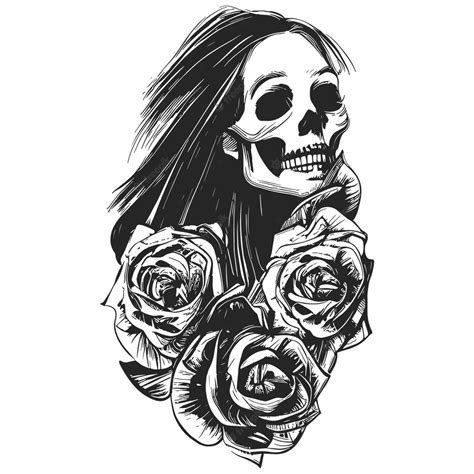 Premium Vector Feminine Skull With Roses Hand Drawn Vector Black And