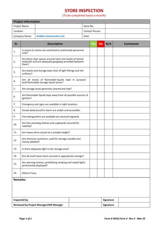 Store Inspection Form Hseq Form Rev Docx