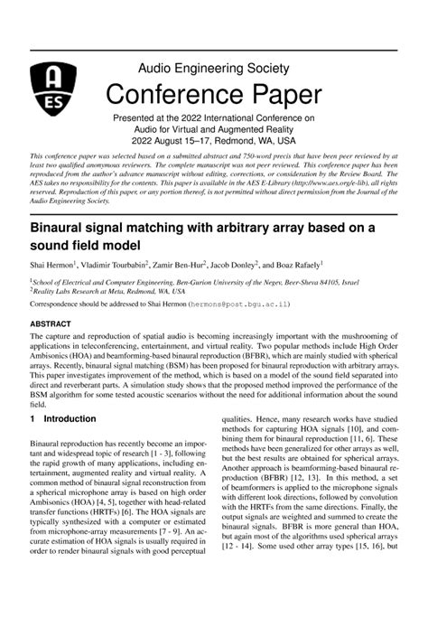 AES E Library Binaural Signal Matching With An Arbitrary Array Based