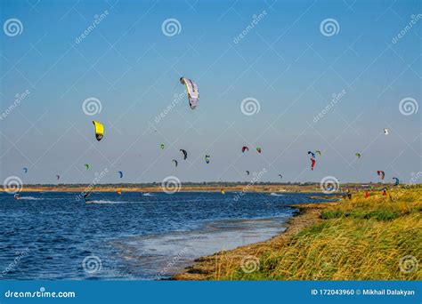 Colorful Kiteboard Parachutes in the Sky. Kitesurfing, Kiteboarding, Kiteboarders Competitions ...