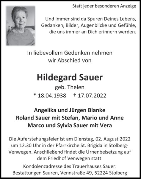 Traueranzeigen Von Hildegard Sauer Aachen Gedenkt