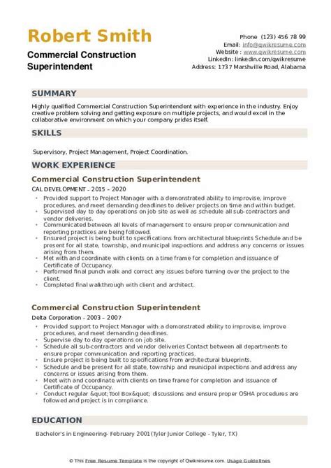 Construction Superintendent Resume Template Printable Word Searches