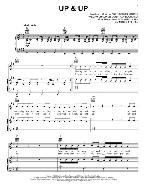 Up & Up by Coldplay Sheet Music for Piano, Vocal & Guitar Chords (Right ...