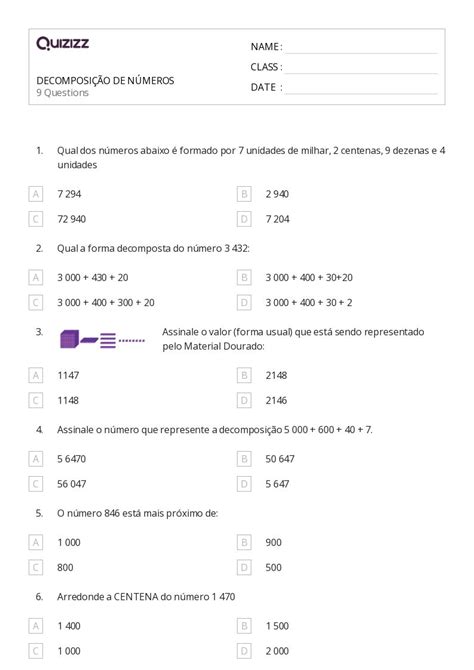 Mais De 50 Planilhas Composição E Decomposição De Números No Quizizz Gratuito E Imprimível