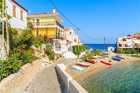 A View Of Kokkari Fishing Village With Beautiful Beach Samos Island