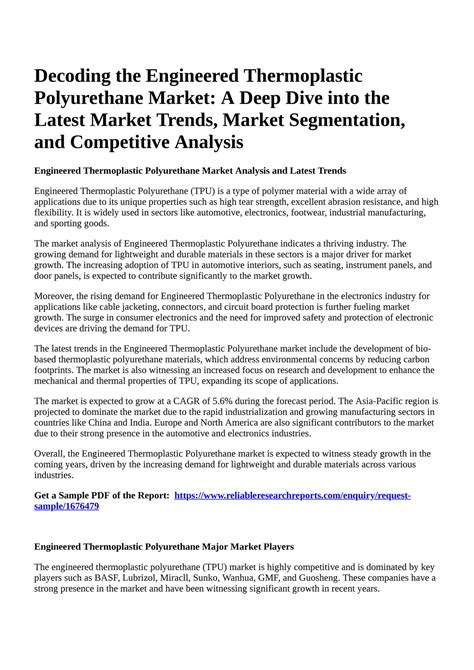 Reportprime Decoding The Engineered Thermoplastic Polyurethane Market