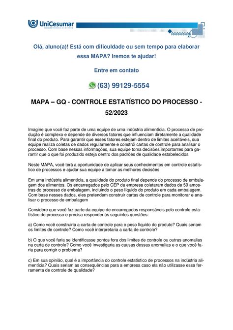 Mapa Gq Controle EstatÍstico Do Processo 522023 Olá Alunoa