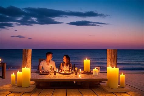 Premium Ai Image Amazing Romantic Couple Dinner Beach On Wooden Deck