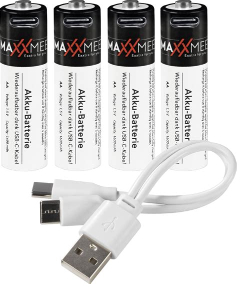 Maxxmee AA USB C AA Battery Rechargeable NiMH 1600 MAh 1 2 V 4 Pc S