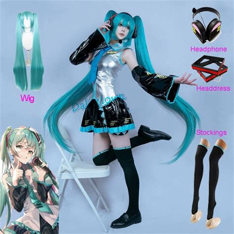 Anime Miku Cosplay Wig Costume Japan Midi Dress Headphone Beginner