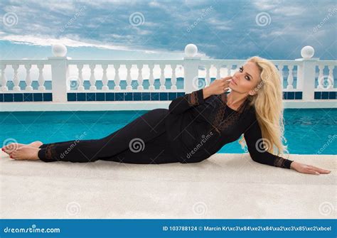 Blonde Female Model Standing By The Pool Stock Photo Image Of Beauty Girl