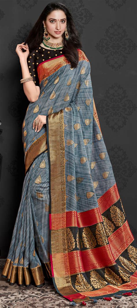 Mehendi Sangeet Reception Black And Grey Color Viscose Fabric Saree