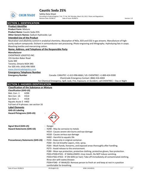 Pdf Caustic Soda 25 Chemtrade Logistics · Revision Date Caustic Soda 25 Safety Data Sheet