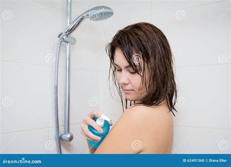 Portrait Of Young Woman Washing Her Body In Shower Stock Photo Image