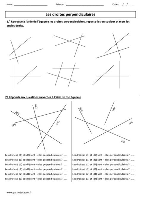 Droites perpendiculaires Cm1 Cm2 Exercices corrigés Géométrie